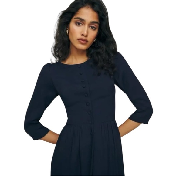 REFORMATION Adair Midi Dress Navy Blue Size 0 Button Up 3/4 Sleeves Work Party - Picture 2 of 10